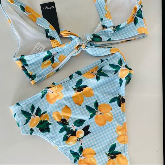 NEW NASTY GAL Blue White Gingham Lemon Plaid High Rise Vintage Cut Swim Bikini 0 - Picture 6 of 10